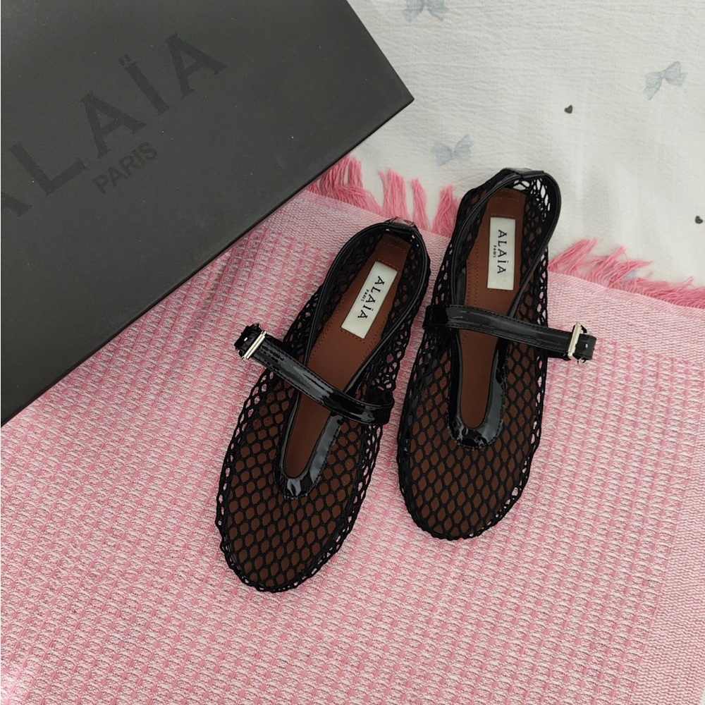 Alaïa Black Mesh Mary Jane Flats with Patent Strap